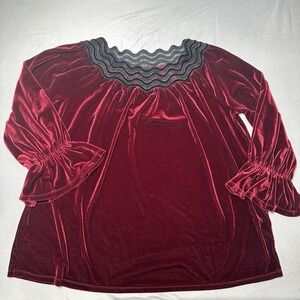 Rafaella Red Velvet Blouse Black Scallop Neckline Flounce Sleeve